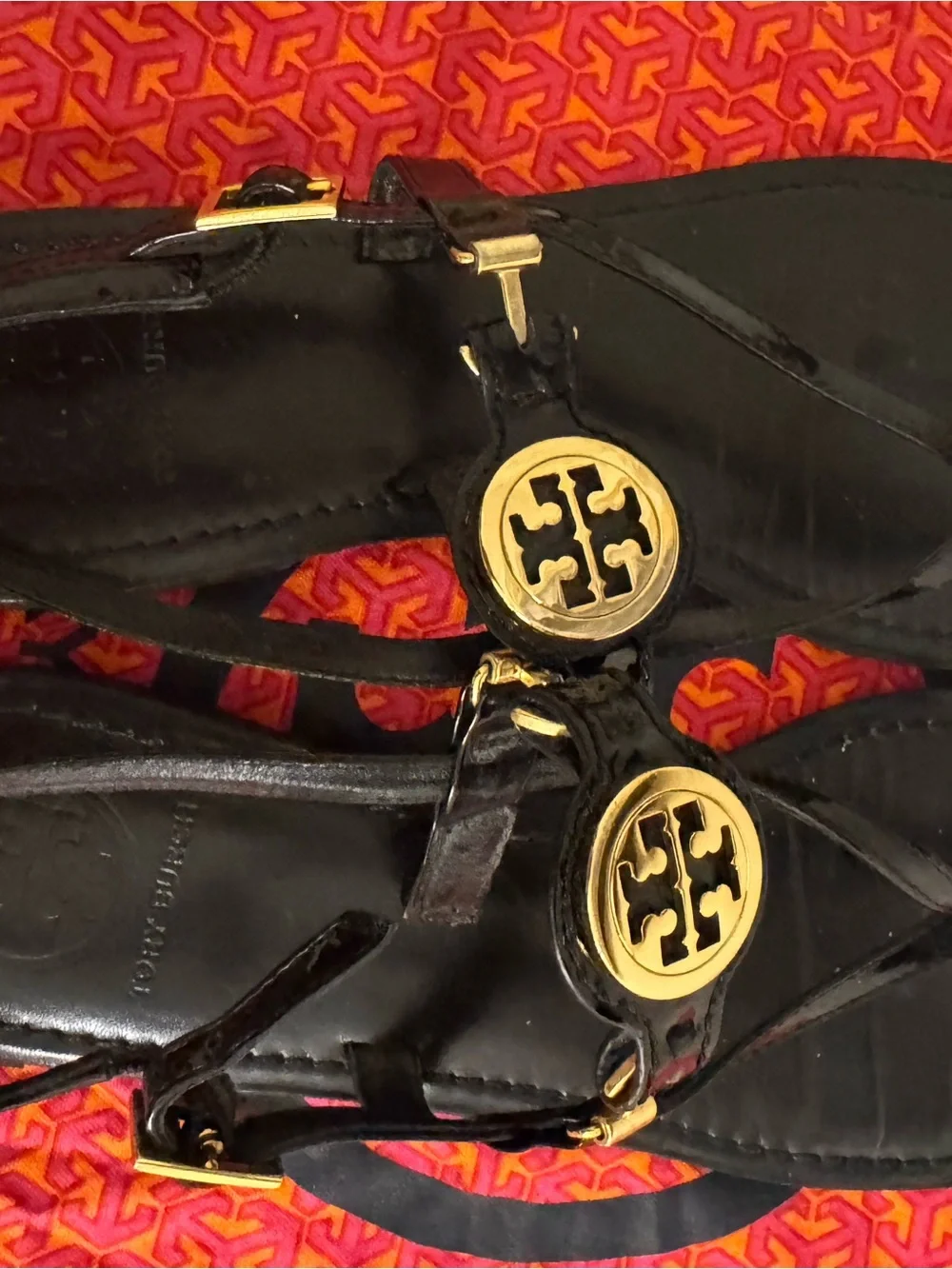 Tory Burch Black Leather Thong Sandals with Gold Logo Medallions